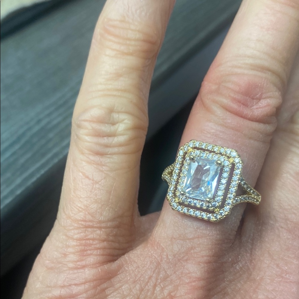 BN-Gold Double Halo Emerald-Cut Cubic Zirconia Ring - Women Jewelry